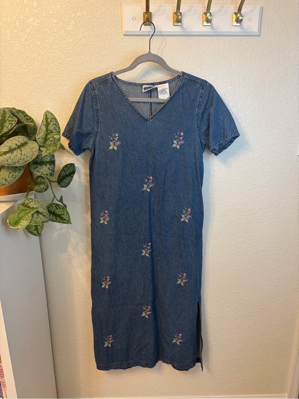 Vintage Erika & Co Embroidered V-Neck Denim Midi Dress